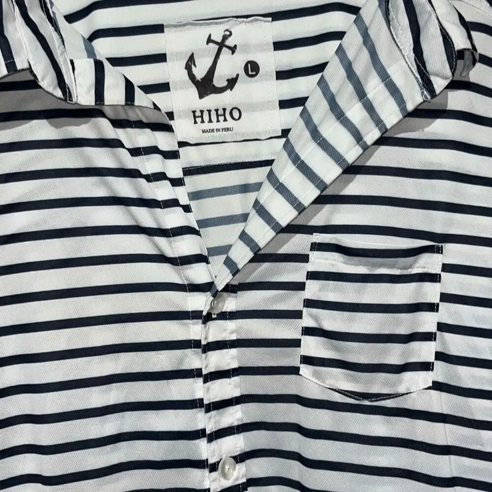 Hiho Womens Navy Blue White Striped Long Sleeve Button Down Beach Cover Up Large